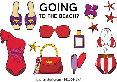 Beach summer set - sunglasses, swimsuit, bikini, summer hat, jewelry, ice cream, perfume, sea star. Fashion vector illustration vector  object isolated. 
