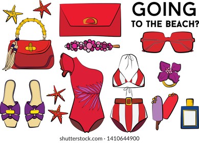 Beach summer set - sunglasses, swimsuit, bikini, summer hat, jewelry, ice cream, perfume, sea star. Fashion vector illustration vector  object isolated. 

