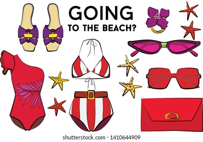 Beach summer set - sunglasses, swimsuit, bikini, summer hat, jewelry, ice cream, perfume, sea star. Fashion vector illustration vector  object isolated. 
