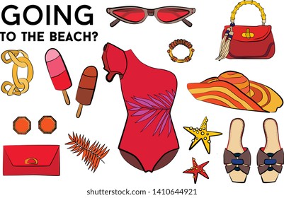 Beach summer set - sunglasses, swimsuit, bikini, summer hat, jewelry, ice cream, perfume, sea star. Fashion vector illustration vector  object isolated. 
