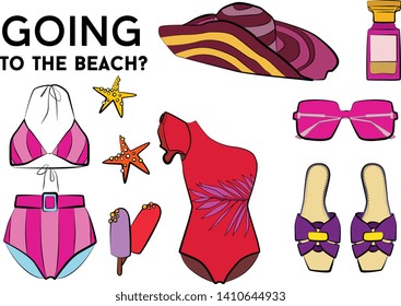 Beach summer set - sunglasses, swimsuit, bikini, summer hat, jewelry, ice cream, perfume, sea star. Fashion vector illustration vector  object isolated. 
