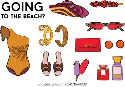 Beach summer set - sunglasses, swimsuit, bikini, summer hat, jewelry, ice cream, perfume, sea star. Fashion vector illustration vector  object isolated. 
