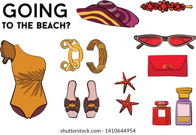 Beach summer set - sunglasses, swimsuit, bikini, summer hat, jewelry, ice cream, perfume, sea star. Fashion vector illustration vector  object isolated. 
