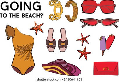 Beach summer set - sunglasses, swimsuit, bikini, summer hat, jewelry, ice cream, perfume, sea star. Fashion vector illustration vector  object isolated. 
