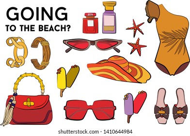 Beach summer set - sunglasses, swimsuit, bikini, summer hat, jewelry, ice cream, perfume, sea star. Fashion vector illustration vector  object isolated. 
