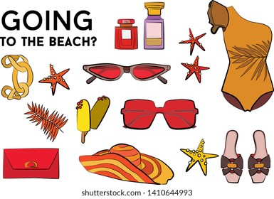Beach summer set - sunglasses, swimsuit, bikini, summer hat, jewelry, ice cream, perfume, sea star. Fashion vector illustration vector  object isolated. 
