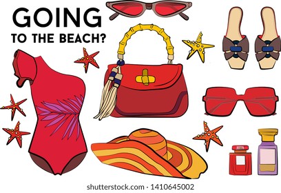 Beach summer set - sunglasses, swimsuit, bikini, summer hat, jewelry, ice cream, perfume, sea star. Fashion vector illustration vector  object isolated. 
