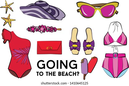 Beach summer set - sunglasses, swimsuit, bikini, summer hat, jewelry, ice cream, perfume, sea star. Fashion vector illustration vector  object isolated. 
