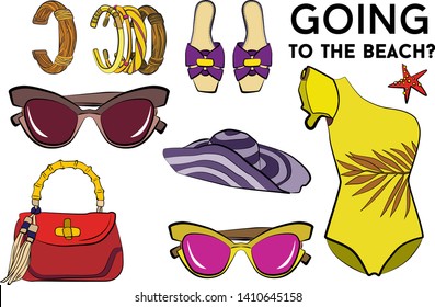 Beach summer set - sunglasses, swimsuit, bikini, summer hat, jewelry, ice cream, perfume, sea star. Fashion vector illustration vector  object isolated. 
