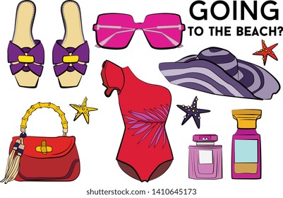 Beach summer set - sunglasses, swimsuit, bikini, summer hat, jewelry, ice cream, perfume, sea star. Fashion vector illustration vector  object isolated. 
