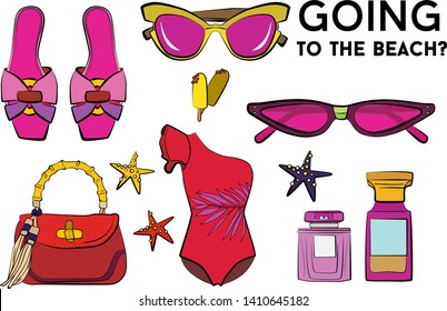 Beach summer set - sunglasses, swimsuit, bikini, summer hat, jewelry, ice cream, perfume, sea star. Fashion vector illustration vector  object isolated. 
