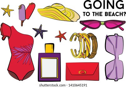 Beach summer set - sunglasses, swimsuit, bikini, summer hat, jewelry, ice cream, perfume, sea star. Fashion vector illustration vector  object isolated. 
