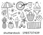 Beach summer set - swimsuit, hat, bag, towel, sunscreen, sunglasses, flip flops, beach umbrella, fruit and ice cream. Vector hand-drawn illustration in doodle style. Perfect for cards, decorations.