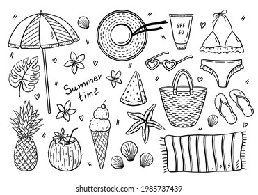 Beach summer set - swimsuit, hat, bag, towel, sunscreen, sunglasses, flip flops, beach umbrella, fruit and ice cream. Vector hand-drawn illustration in doodle style. Perfect for cards, decorations.