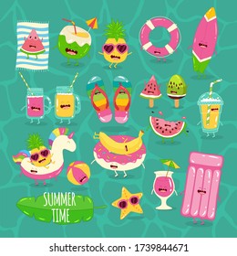 beach summer set. Summer time. Vector illustration.