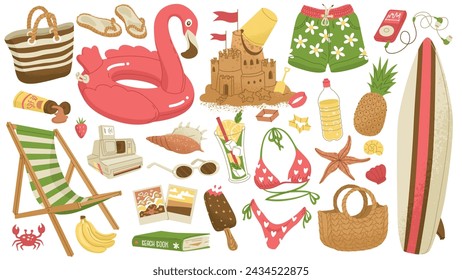 Beach summer sticker set. Bright vector illustration for posters and scrapbooking isolated on a transparent background.