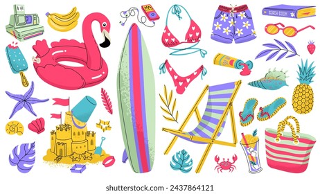 Beach summer sticker set. Bright vector illustration for posters and scrapbooking isolated on a transparent background.