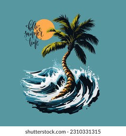 Beach summer sunset with palm trees, vector illustration