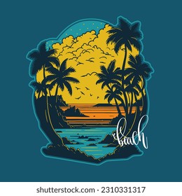 Beach summer sunset with palm trees, vector illustration