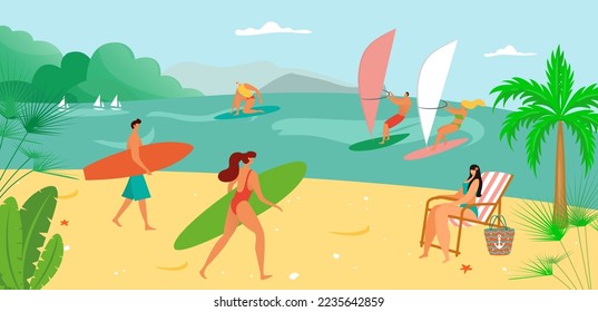 Beach for summer surfing, kite at sea, vector illustration, ocean water sport at board, extreme activity for man woman surfer character at vacation.