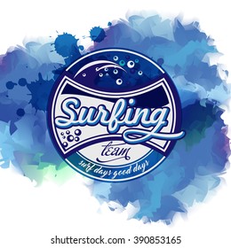 Beach Summer Surfing Team vintage poster with waves retro logo aged emblem with Surfboard, T-shirt print template, label, flyer design.  