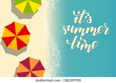 beach summer template for flyer or poster with lettering brush calligraphy it is summer time. vector illustration