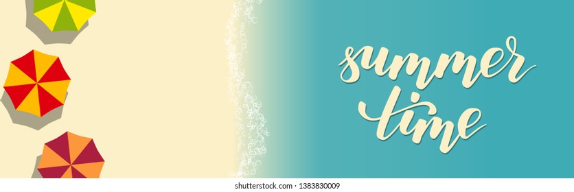 beach summer template for flyer or poster with lettering brush calligraphy summer time. vector illustration