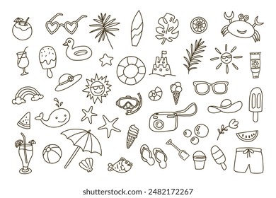 Strand- und Sommer-Themen Doodle Design. Zu den Bildern gehören Sonnenbrillen, Sonnenschirme und Strandbälle.