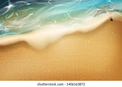 Beach in Summer time. Footprints in the sand. Summer Background For Placard Template, Beach Poster, Flyer, Leaflet, Banner and Summer Party Poster - Vector