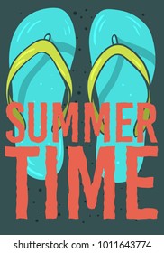 Beach Summer Time  Poster Design With Flip Flops Slippers Beach Shoes Hand Drawn  Illustrations. Vector Graphic.