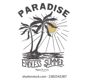 Beach summer time vintage print design artwork.  Pam tree. California surf t shirt print. Summer good vibes. Paradise Print t shirt graphics design, typography slogan on palm trees background.