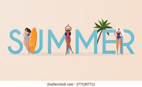 Beach summer travel lifestyle poster in retro style. Women in bikini standing next to "SUMMER" text on a beach. Beach summer travel lifestyle poster in retro style.