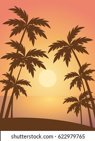 Beach summer with trees landscape sea scenery sunset scenery vector