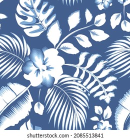 Beach summer trendy illustration seamless background pattern with blue monochromatic tropical jasmine flower and banana plant leaves, palm foliage on pastel background. fashionable texture. Exotic art