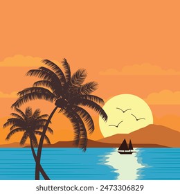 Beach summer tropical vector background, ocean and palm tree in the summer beach, flat vector