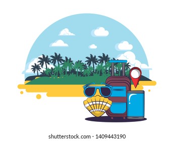 Beach with summer and vacacation cartoon on sand colorful travel and vacations scenery vector illustration graphic design