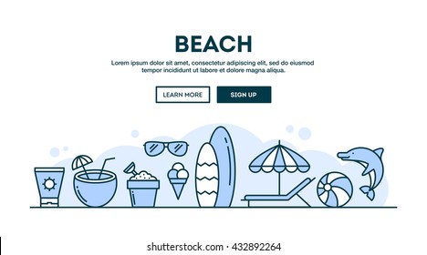 Beach, summer vacation, concept header, flat design thin line style, vector illustration