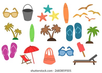 Conjunto de ilustración de Elementos de vacaciones de verano de playa