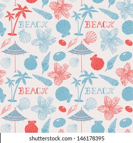 Beach. Summer vacation holiday card with palm tree and shells.