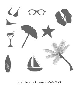 Beach and summer vacation icons in gray