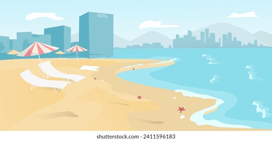 Paisaje vacacional de verano en la playa, ilustración vectorial. Playa de arena y orilla del océano, costa de mar diseño natural. Antecedentes del complejo de Cityscape, paisaje marino de agua plana en el pueblo de caricaturas.