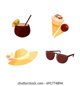 Beach summer vacation objects - straw hat, sunglasses, ice cream cones and coconut cocktail, cartoon vector illustration isolated on white background. Beach hat, sunglasses, ice cream, coconut drink