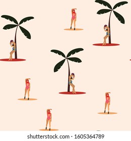 Beach summer vacation seamless pattern. Retro art deco poster. Flat illustration. Tropical marine pattern background. Woman in bikini.
