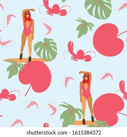 Beach summer vacation seamless pattern. Retro art deco poster. Flat illustration. Tropical marine pattern background with lobster, shrimp and exotic leaves. Woman in bikini.