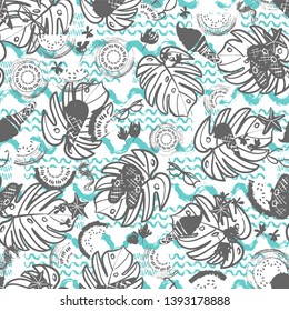 Beach summer vacation seamless vector pattern. White, grey and blue vintage style. Great for textile, fashion, home decor, paper.