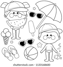 Beach summer vacation set with children with swimsuits and hats. Vector black and white coloring page.