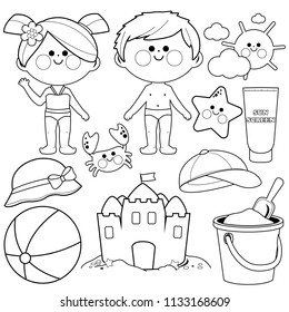 Beach summer vacation set with children with swimsuits. Vector black and white coloring page.