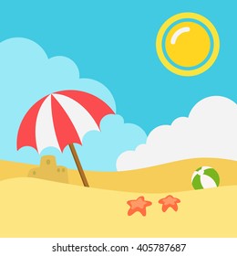 Beach Summer Vacation. Beach umbrella, ball and sand castle. Sunny day of vacation on the beach. Vector illustration