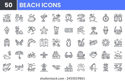 Beach and summer vector line icon set. Contain linear outline icons like holiday, sea, island, wave, ocean, cocktail, bikini, travel, sunglasses, sun, leisure, sand, dolphin. Editable use and stroke.