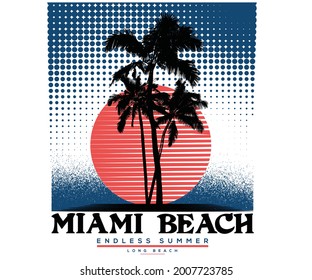 Beach summer vibes poster design. Palm tree with sun artwork for fashion. Miami island   tropical illustration.